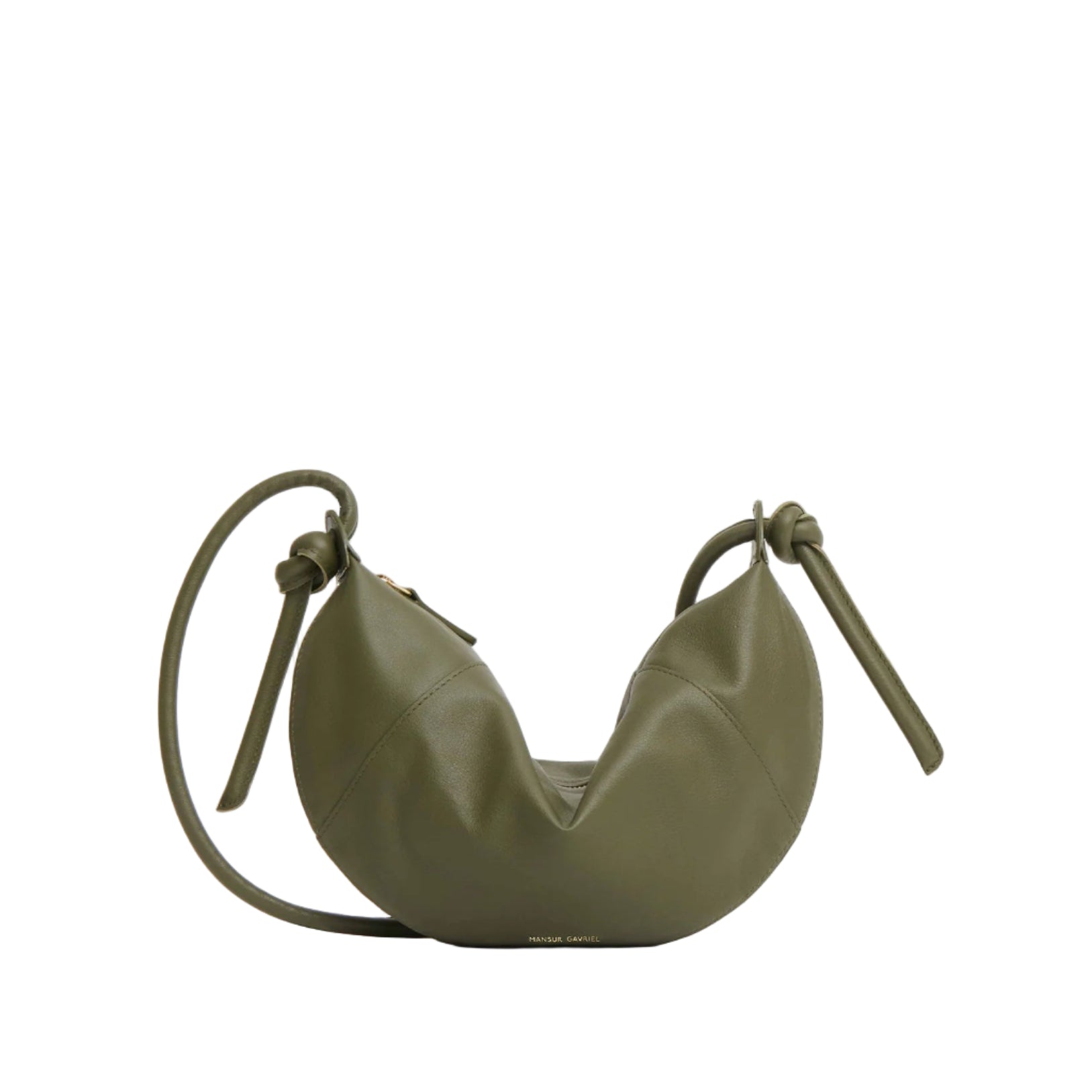 The Mini Fortuna Bag by Mansur Gavriel in olive green is crafted from premium calf leather with knotted handles and a smooth finish, shown against a plain white background.