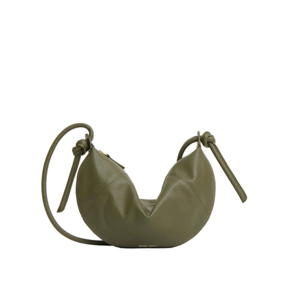 The Mini Fortuna Bag by Mansur Gavriel in olive green is crafted from premium calf leather with knotted handles and a smooth finish, shown against a plain white background.