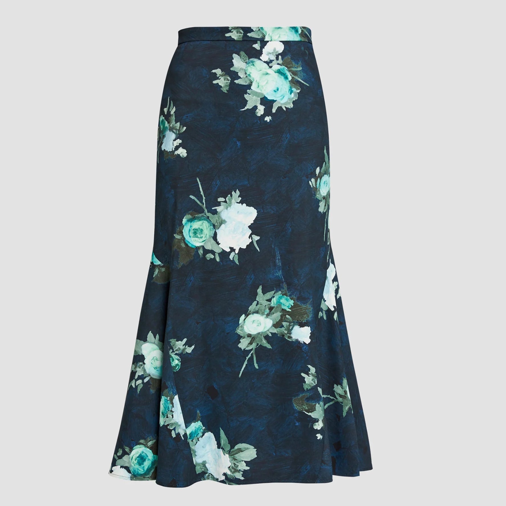 The Erdem Fluted Abstract Rose Midi Skirt is a navy stretch-cady, mid-length skirt with a fluted hem, showcasing a green and white abstract roses print.