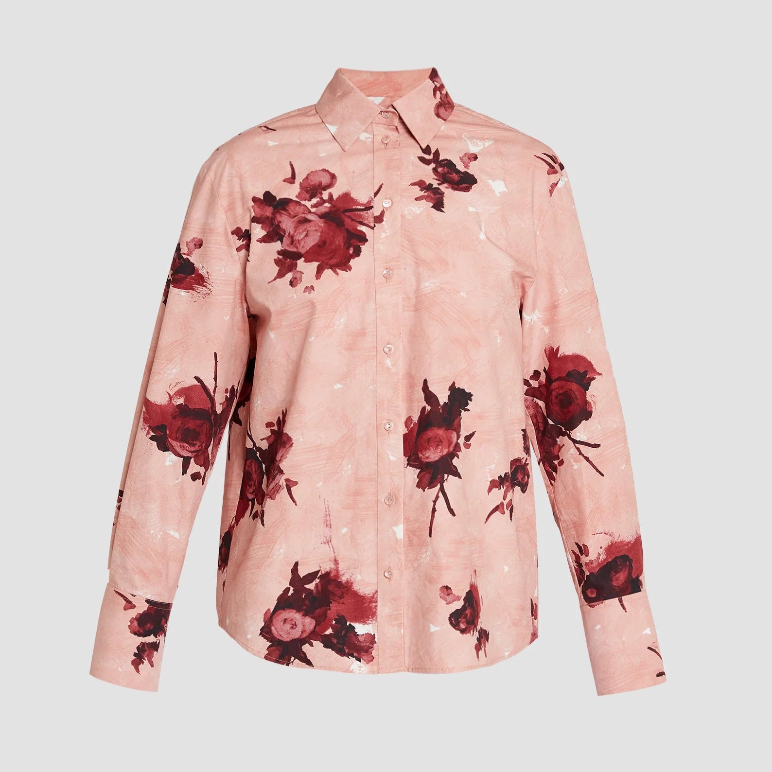 The Erdem Long Sleeve Abstract Rose Shirt features a cotton poplin fabric with a light pink base and bold red abstract floral pattern.