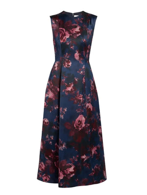 Erdem Fonteyn Rose Duchess Midi Dress, a sleeveless navy blue painterly rose print dress with a fitted bodice and a full A-line skirt.