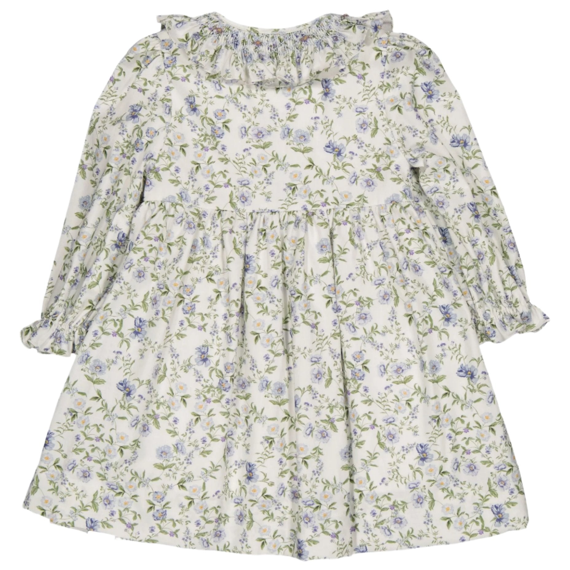 The Kidiwi Adeline Smocked Dress by Kidiwi is a long-sleeved dress showcasing a romantic floral print in green, purple, and blue on a white background, complete with ruffled cuffs and a smocked collar.