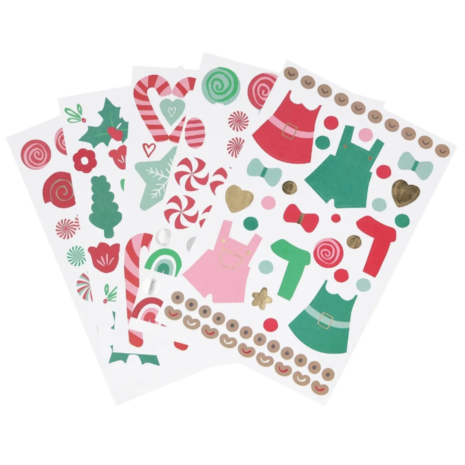 The Meri Meri Gingerbread Sticker Advent Calendar includes four sheets of vibrant Christmas-themed stickers, featuring candy canes, gingerbread hearts, leaves, and dresses. Ideal for adding a festive flair to your advent calendar or other holiday decorations.