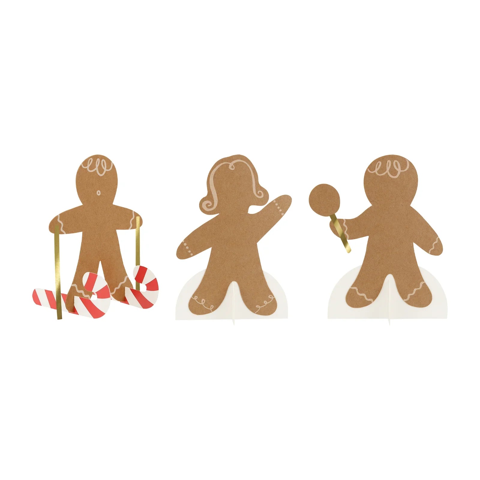 The Meri Meri Gingerbread Sticker Advent Calendar features three delightful paper gingerbread figures: one holding candy canes, another with wavy hair, and a third with a lollipop, making it an enchanting addition to your Christmas decorations or advent calendar.