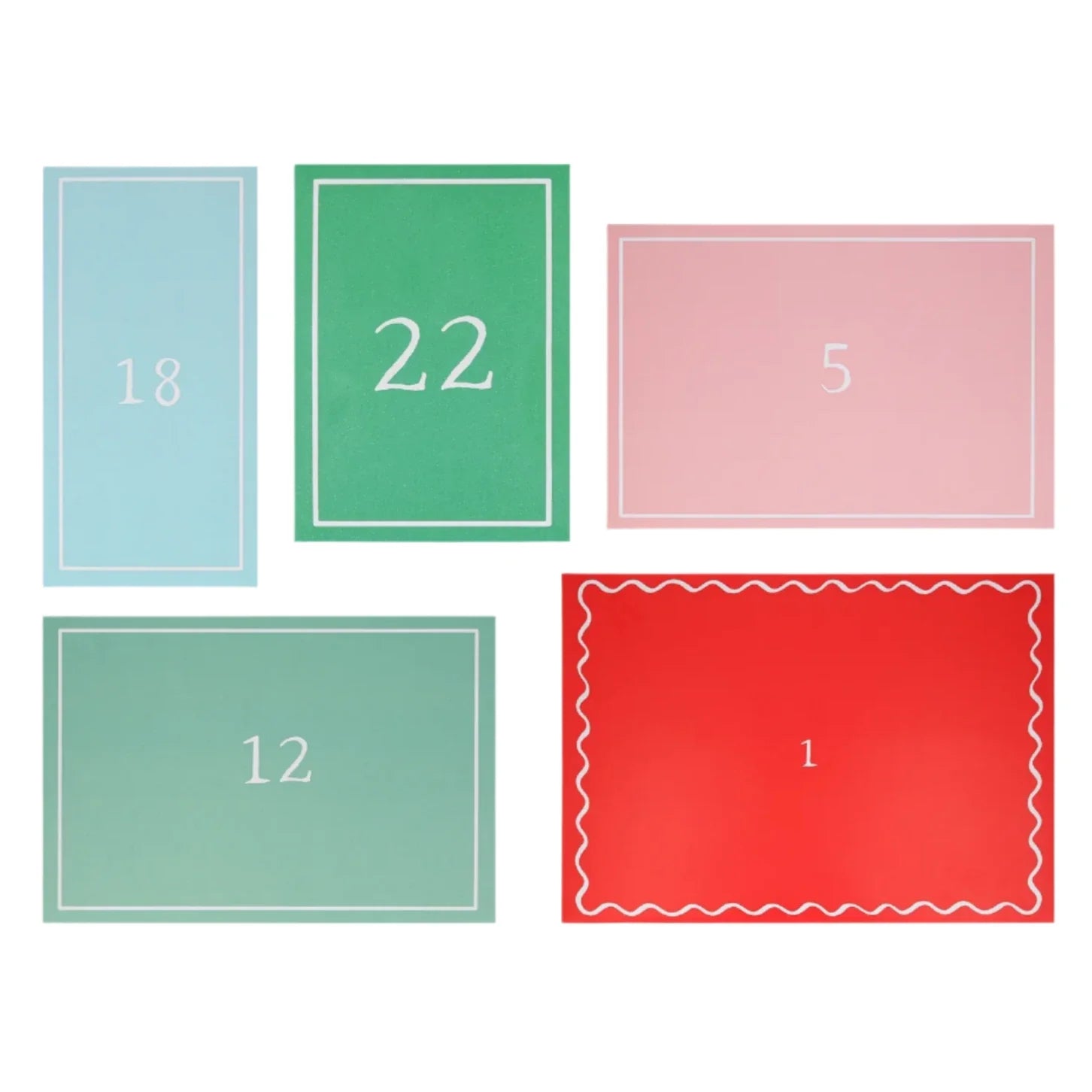 The Meri Meri Gingerbread Sticker Advent Calendar by Meri Meri features five whimsical rectangular cards that capture the festive spirit with charming colors and numbers: blue with 18, green with 22, pink with 5, another green with 12, and red with 1.