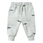 Quincy Mae Baby Boys' and Boys' Relaxed Fleece Sweatpant in light grey features an elastic waistband, drawstring, and narwhal print in blue and grey tones—perfect cozy pants for little ones.