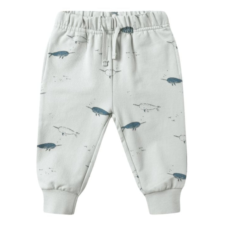 Quincy Mae Baby Boys' and Boys' Relaxed Fleece Sweatpant in light grey features an elastic waistband, drawstring, and narwhal print in blue and grey tones—perfect cozy pants for little ones.