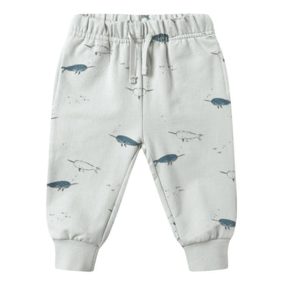 Quincy Mae Baby Boys' and Boys' Relaxed Fleece Sweatpant in light grey features an elastic waistband, drawstring, and narwhal print in blue and grey tones—perfect cozy pants for little ones.