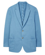 The Alan Paine Heymouth Cotton Blazer by Alan Paine is a light blue blazer featuring a notched lapel, two front buttons, and three pockets—crafted from micro-touch cotton for that ideal summer smart-casual wear.