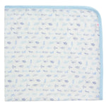 The Magnetic Me Airplanes Baby Blanket by Magnetic Me is an eco-friendly square baby blanket crafted from soft TENCEL™ modal. It features a light blue border and is decorated with delightful blue airplane and spacecraft illustrations set against a clean white background.