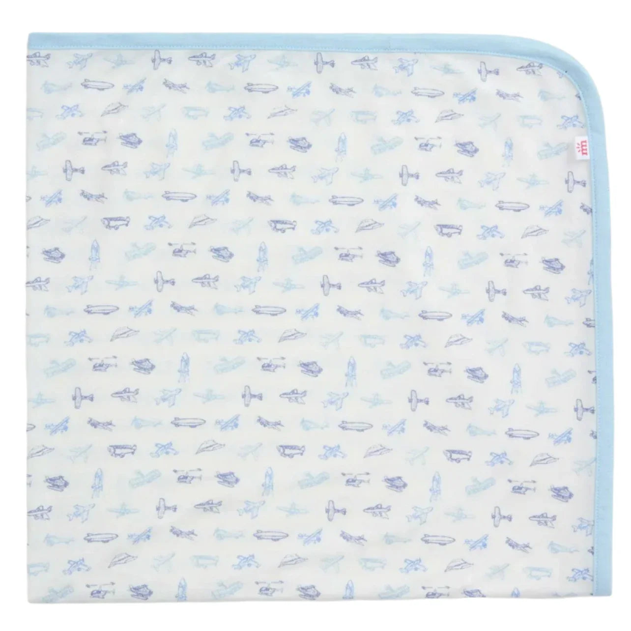 The Magnetic Me Airplanes Baby Blanket by Magnetic Me is an eco-friendly square baby blanket crafted from soft TENCEL™ modal. It features a light blue border and is decorated with delightful blue airplane and spacecraft illustrations set against a clean white background.