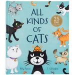 The "Jellycat All Kinds of Cats Book" cover boasts vibrant illustrations of diverse cats and includes a badge celebrating 25 years of Jellycat. Written by Kitty Pawson and J. Catlington, this book is enhanced by playful rhymes that add to its charm.