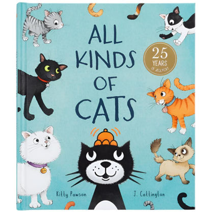 The "Jellycat All Kinds of Cats Book" cover boasts vibrant illustrations of diverse cats and includes a badge celebrating 25 years of Jellycat. Written by Kitty Pawson and J. Catlington, this book is enhanced by playful rhymes that add to its charm.