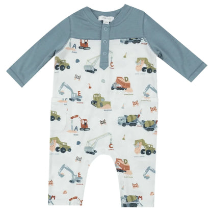 The Angel Dear Construction Alphabet Raglan Romper with Contrast Sleeve is an adorable baby romper that showcases vibrant, curated illustrations of construction vehicles such as excavators, dump trucks, and cranes. Made from soft bamboo viscose, it features blue long sleeves and ensures a gentle touch on your little one's skin.