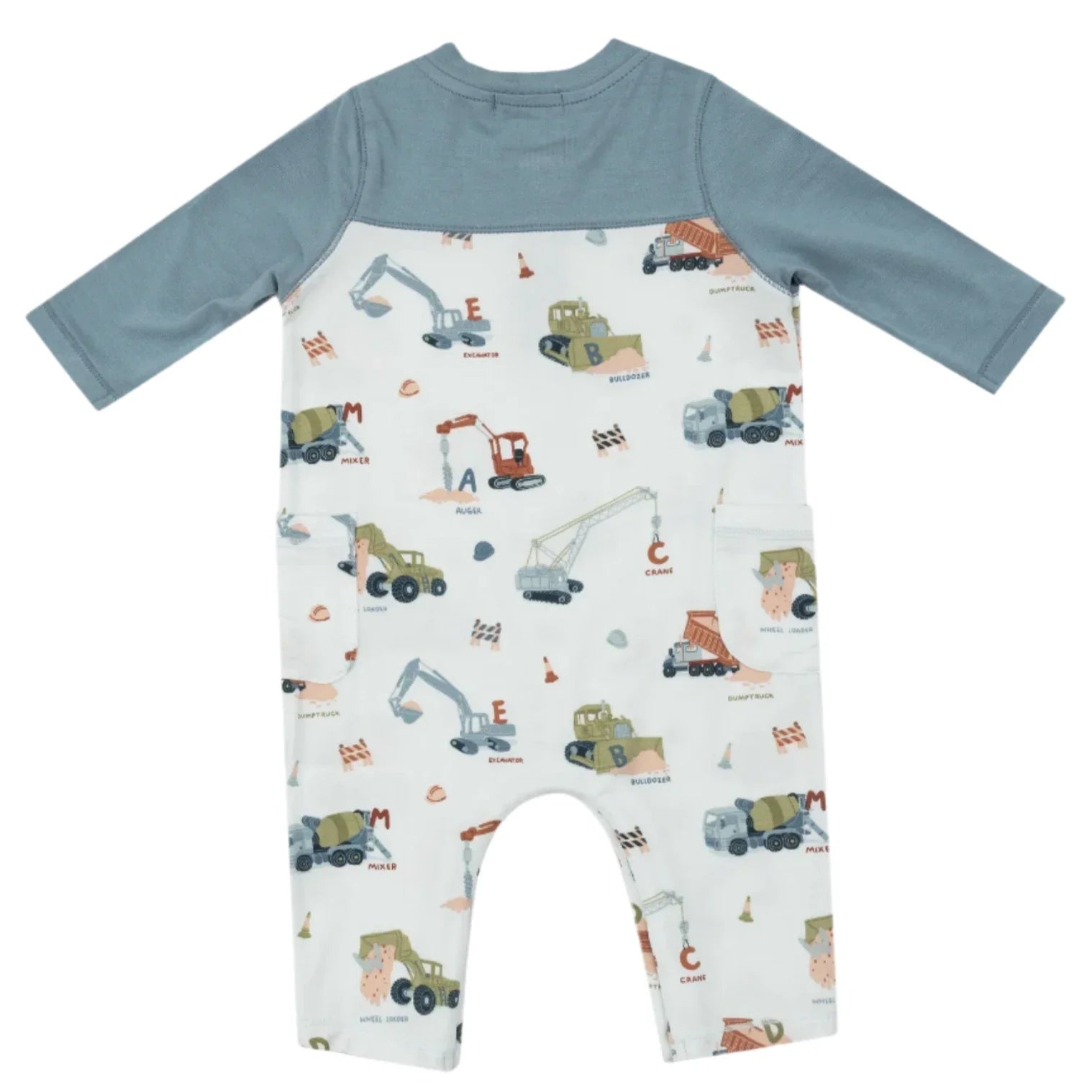 Angel Dear's Construction Alphabet Raglan Romper features a soft bamboo viscose design with contrasting blue long sleeves and playful illustrations of construction vehicles such as excavators and bulldozers on a white background.