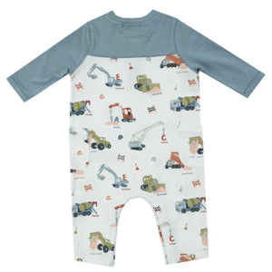 Angel Dear's Construction Alphabet Raglan Romper features a soft bamboo viscose design with contrasting blue long sleeves and playful illustrations of construction vehicles such as excavators and bulldozers on a white background.