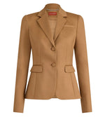 A tan, fitted women's blazer by Altuzarra, the Fenice Jacket is crafted from a virgin wool blend and features classic suiting details such as notched lapels, two front buttons, and flap pockets. It is displayed on a plain background.