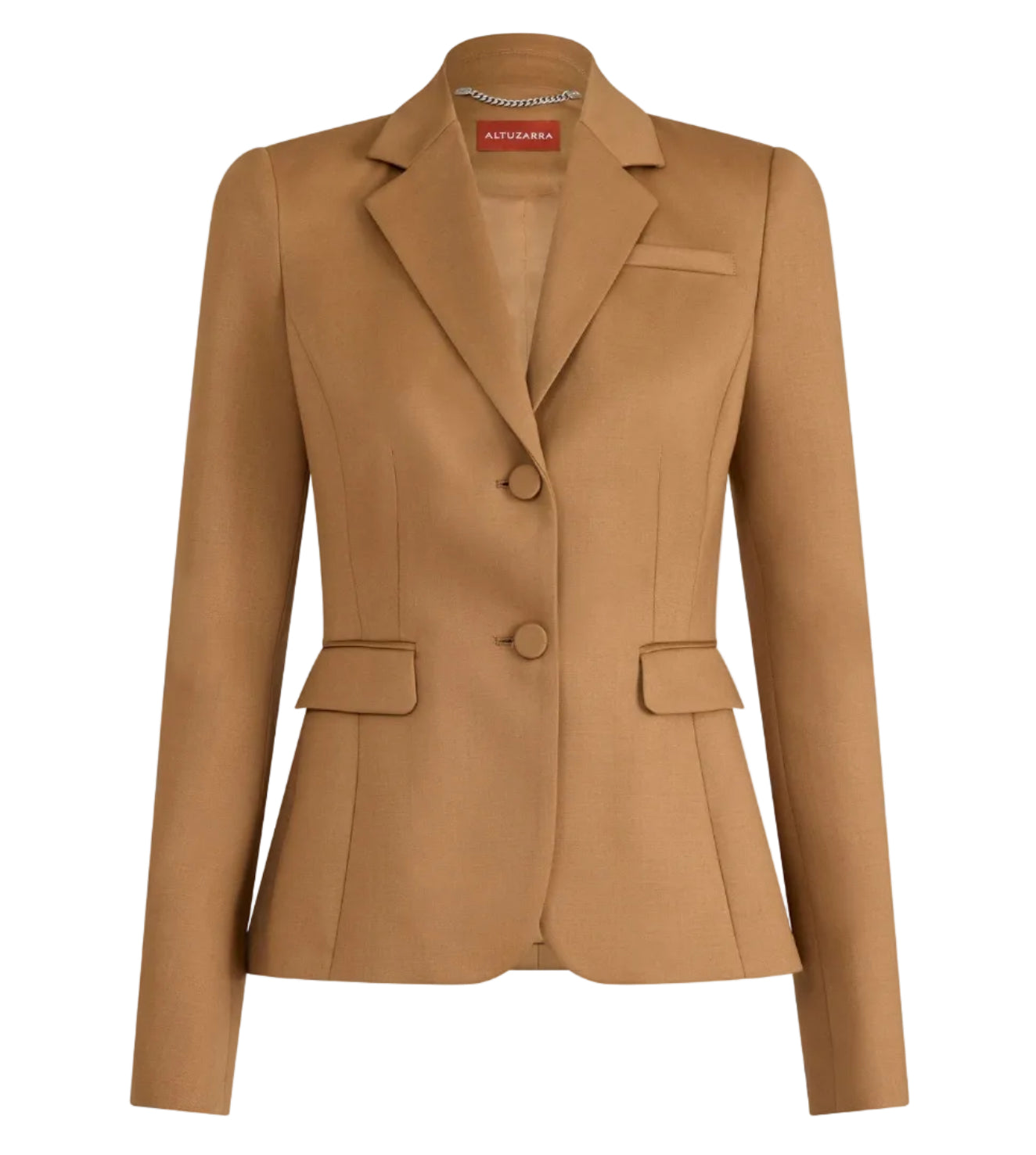 A tan, fitted women's blazer by Altuzarra, the Fenice Jacket is crafted from a virgin wool blend and features classic suiting details such as notched lapels, two front buttons, and flap pockets. It is displayed on a plain background.