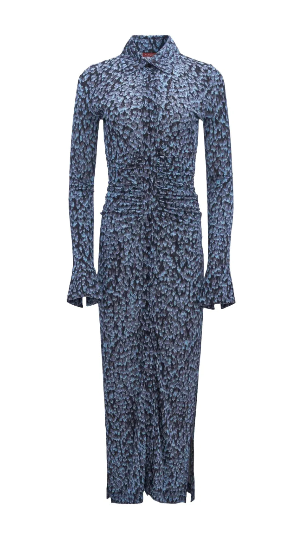 The Altuzarra Claudia Dress is a long-sleeved, blue textured dress featuring a high neckline, side slits, and ruched detailing at the waist. This below-the-knee garment boasts a fitted silhouette reminiscent of classic Altuzarra style.