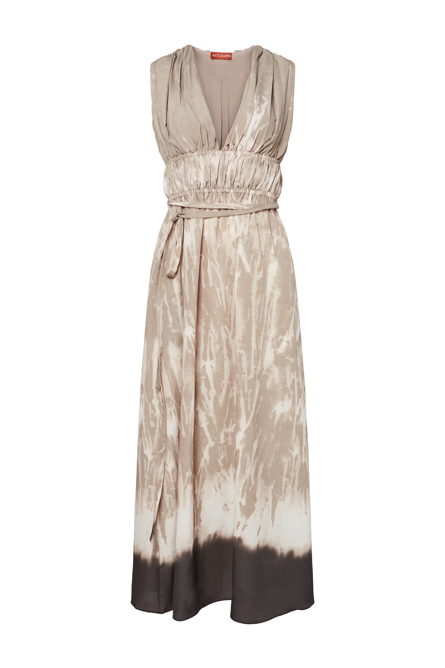 Sleeveless beige Altuzarra Fiona dress with a tie-waist design and gradient hem, embodying modern femininity.