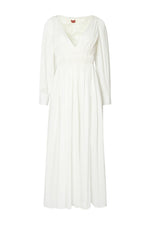 Altuzarra white long-sleeve Kathleen dress with a v-neckline, gathered waist detail, and a maxi silhouette, made in Japan.