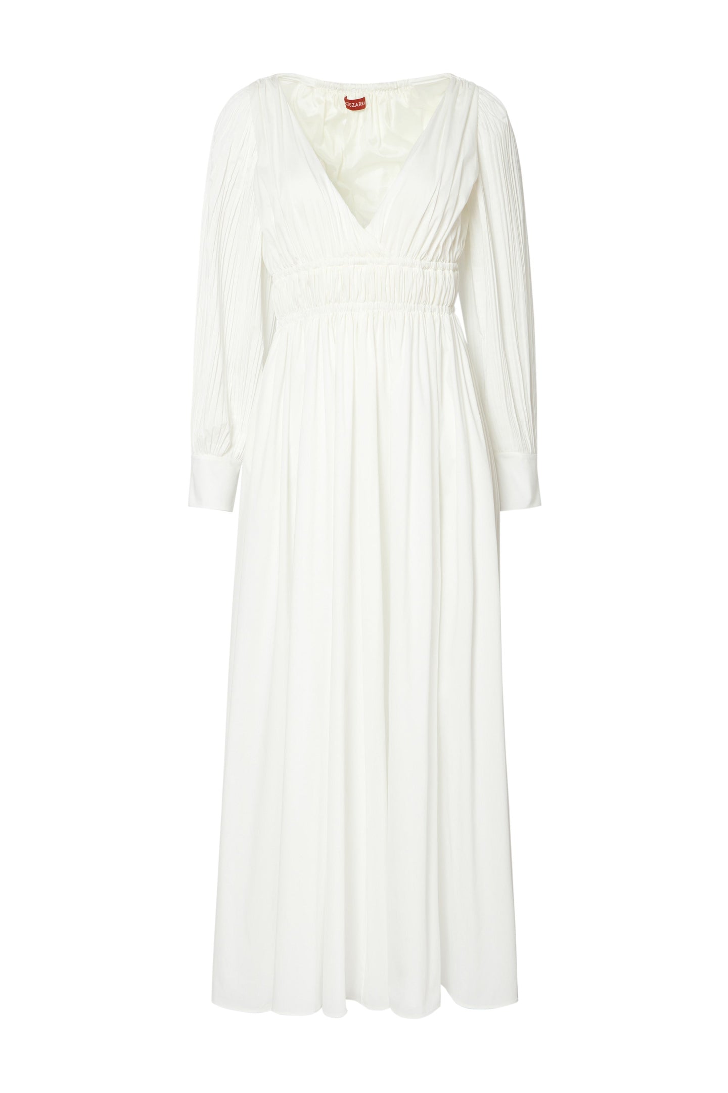 Altuzarra white long-sleeve Kathleen dress with a v-neckline, gathered waist detail, and a maxi silhouette, made in Japan.