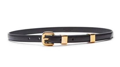 An Italian-made Altuzarra Skinny Belt in black leather, featuring a gold buckle and gold loop.