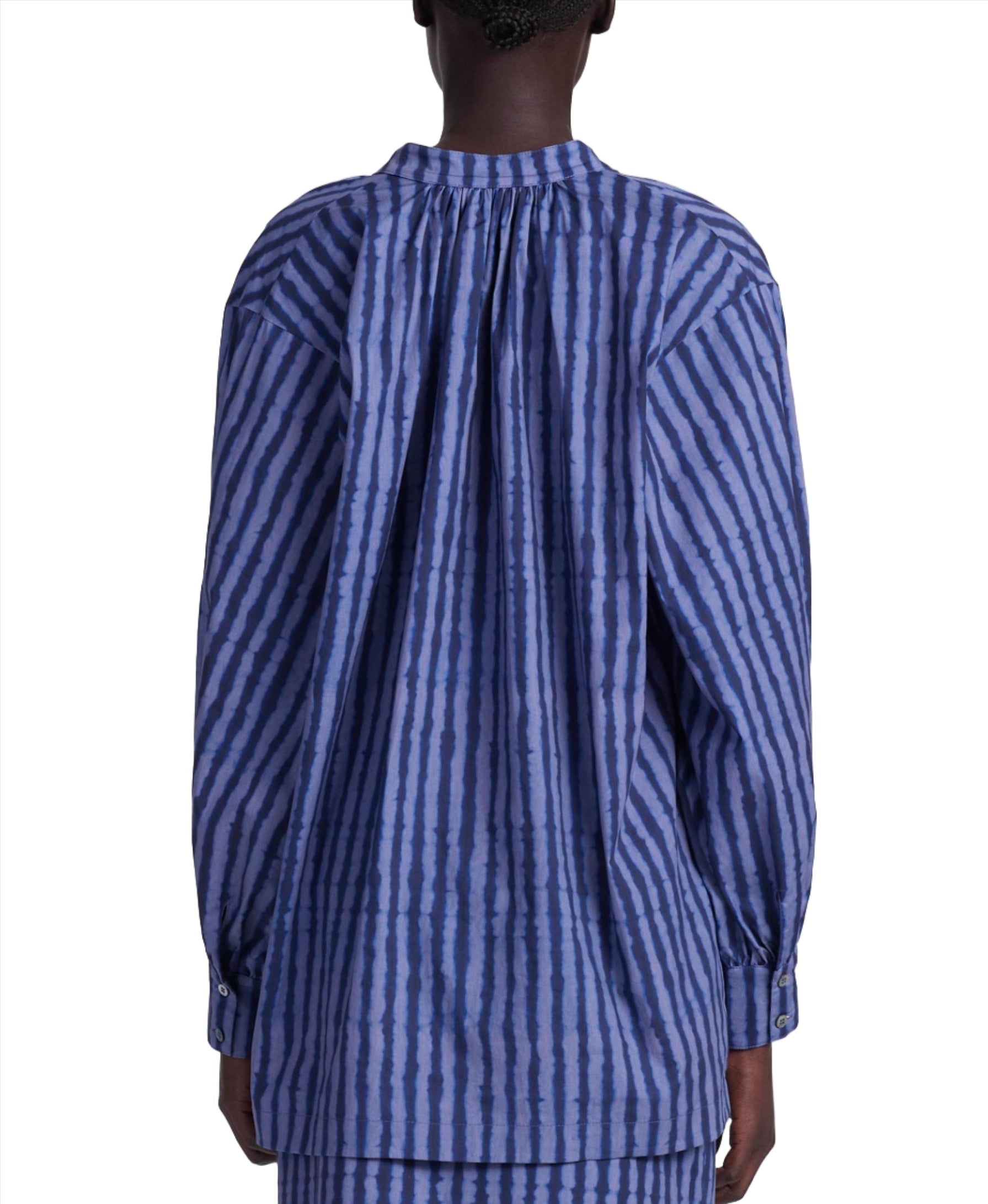 A person is wearing the Altuzarra Teresa Top, a loose-fitting, long-sleeved blue and white striped blouse with balloon sleeves and buttoned cuffs, viewed from the back.