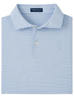 The Peter Millar Ambrose Performance Jersey Polo showcases a tailored fit with a sophisticated folded blue and white striped design, complemented by a collar and two buttons. Its luxurious texture ensures it is a timeless addition to any wardrobe.