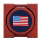 The American Flag Coasters by Smathers & Branson showcase a hand-stitched United States flag set against a dark blue background on wood, bringing classic charm to any table setting. Ideal for needlepoint coaster enthusiasts, these coasters can be elegantly paired with a wooden coaster holder for a stylish and organized display.