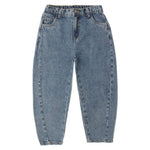 The Girls' Barrel Pant by Rylee & Cru is a high-waisted, light blue pant featuring a relaxed silhouette, tapered legs, and front and back pockets, shown laid flat on a white background.