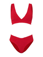 The Hunza G Angel Bikini, shown on a white background, features a red textured design with a V-neck top and high-waisted bottoms, offering supportive style for fuller busts.
