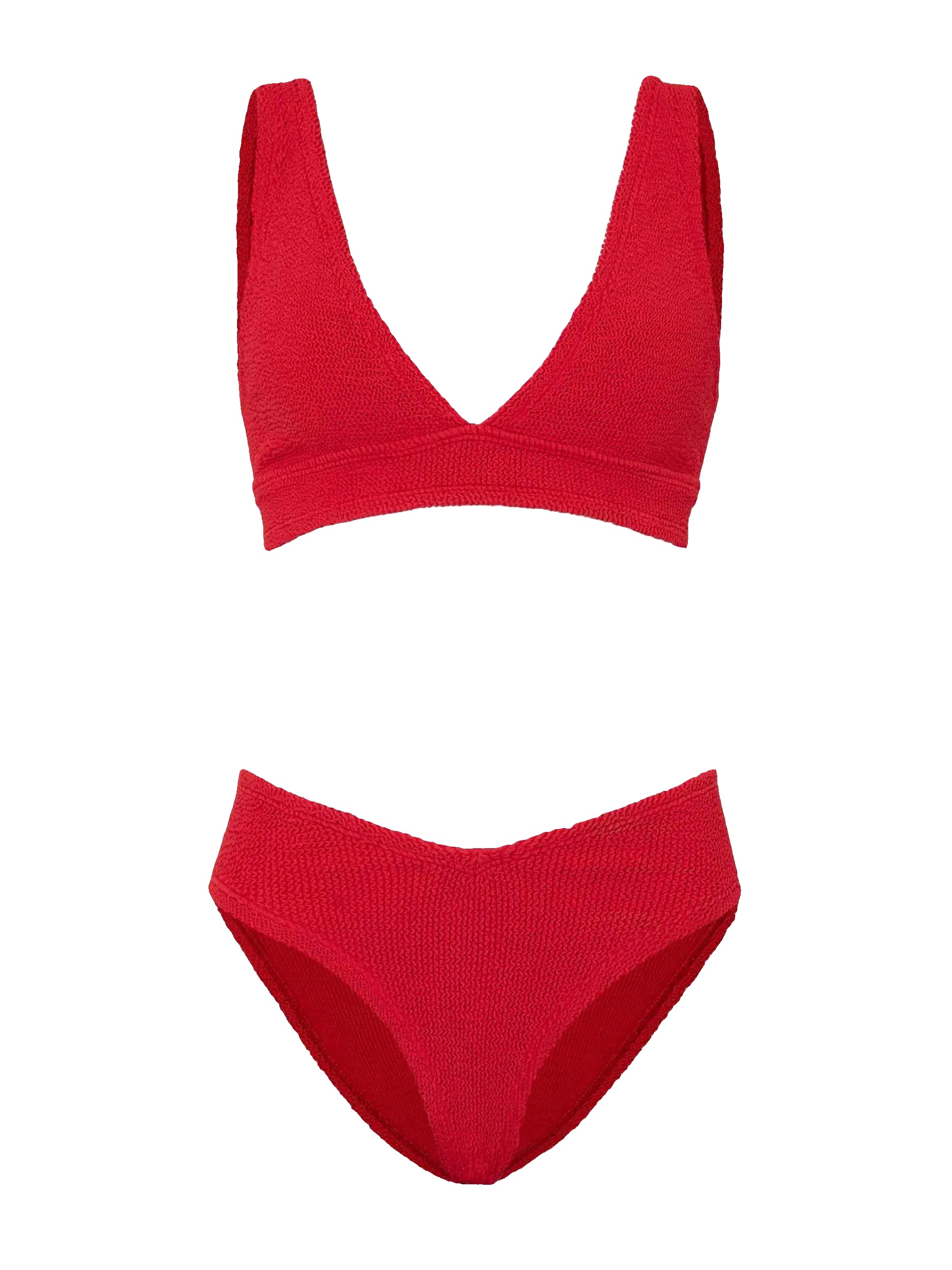 The Hunza G Angel Bikini, shown on a white background, features a red textured design with a V-neck top and high-waisted bottoms, offering supportive style for fuller busts.