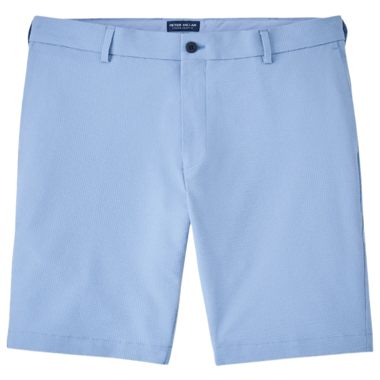 The Peter Millar Matlock Seersucker Performance Short is a light blue men's short with button and zip closure, belt loops, and a straight hem, offering a fit comparable to the Surge short.