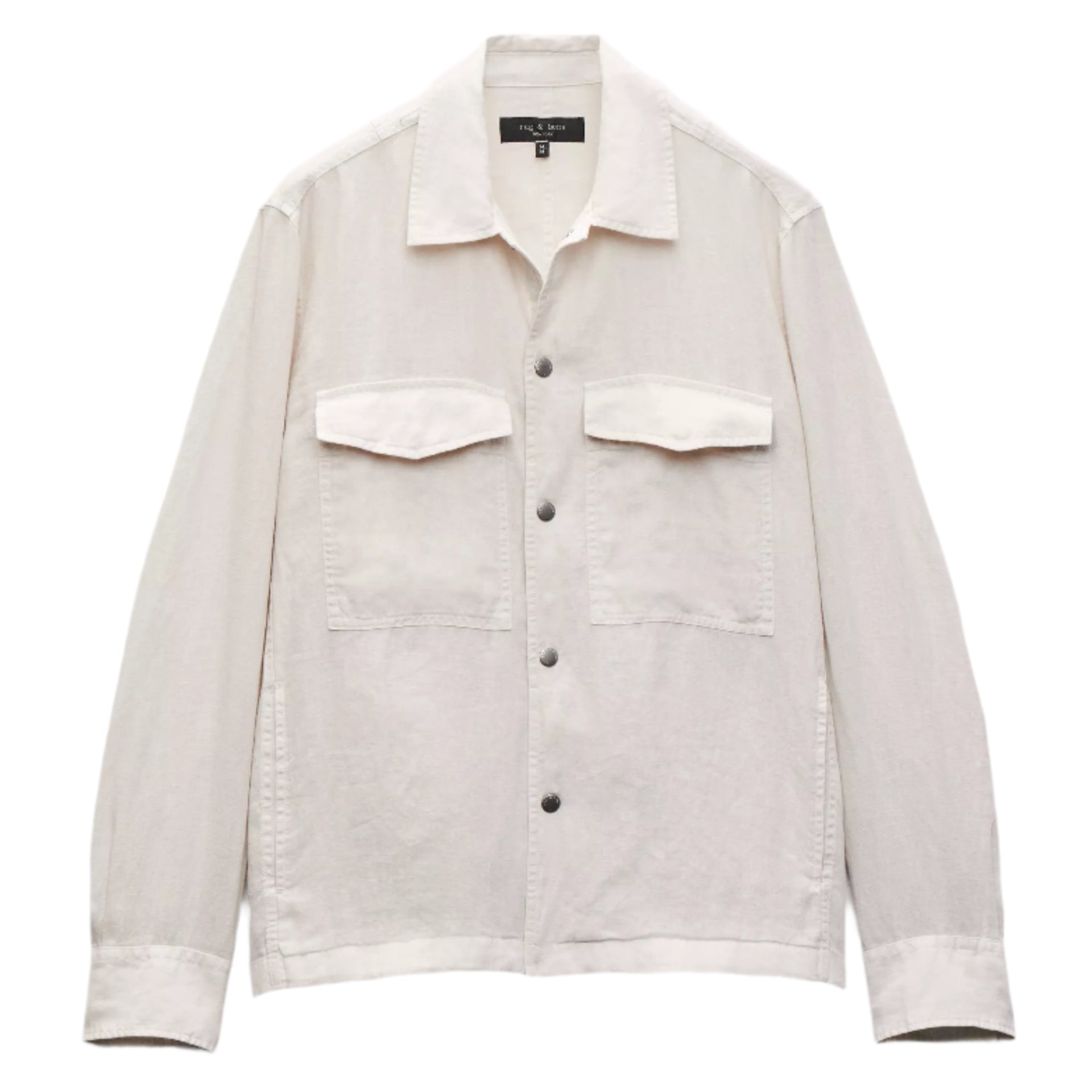 The Angus Linen Shirt Jacket by Rag & Bone is a light beige, lightweight linen button-up with two chest pockets and a collar, shown against a white background.