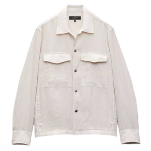 The Angus Linen Shirt Jacket by Rag & Bone is a light beige, lightweight linen button-up with two chest pockets and a collar, shown against a white background.
