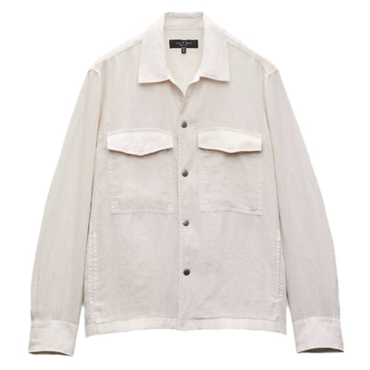 The Angus Linen Shirt Jacket by Rag & Bone is a light beige, lightweight linen button-up with two chest pockets and a collar, shown against a white background.