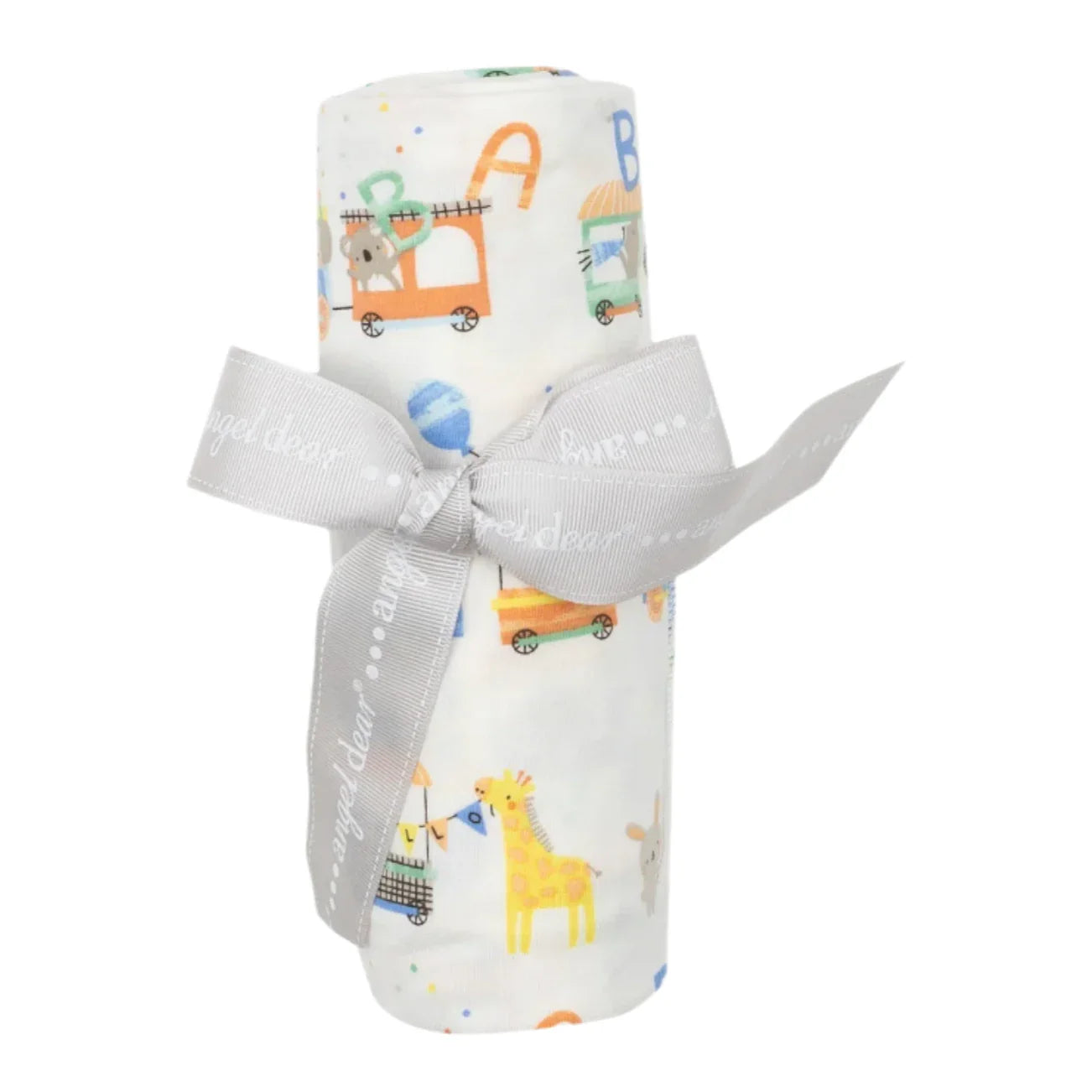 The Angel Dear Animal Train Swaddle Blanket features colorful animal and vehicle prints and comes rolled up, tied with a gray ribbon—perfect for swaddling.