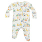 The Angel Dear Baby Animal Train 2-Way Zip Footie is a white onesie adorned with vibrant animal and alphabet prints. Made from bamboo fiber for extra softness, it features long sleeves and footed bottoms for cozy comfort.