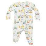 The Angel Dear Animal Train 2-Way Zipper Footie is a baby onesie made from bamboo fiber fabric, adorned with vibrant vehicle and animal prints, and designed with a diagonal zipper from the neck to the left leg for easy access.