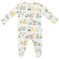 The Angel Dear Baby Animal Train 2-Way Zip Footie is a colorful long-sleeve onesie made from soft bamboo fiber, featuring an alphabet and animal pattern on a white background with foot coverings and a convenient zip design.