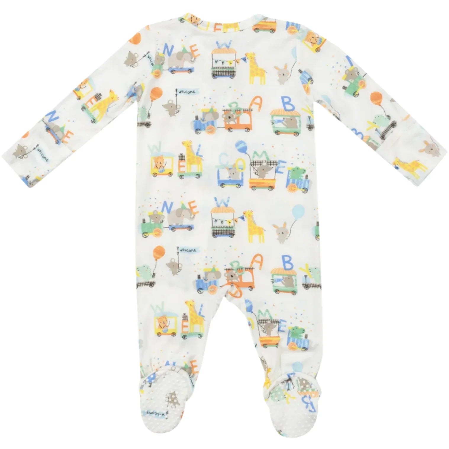 Angel Dear's Animal Train 2-Way Zipper Footie is a baby onesie crafted from white bamboo fiber fabric, adorned with a vibrant animal and alphabet print, long sleeves, and a practical zipper footie for hassle-free changing.