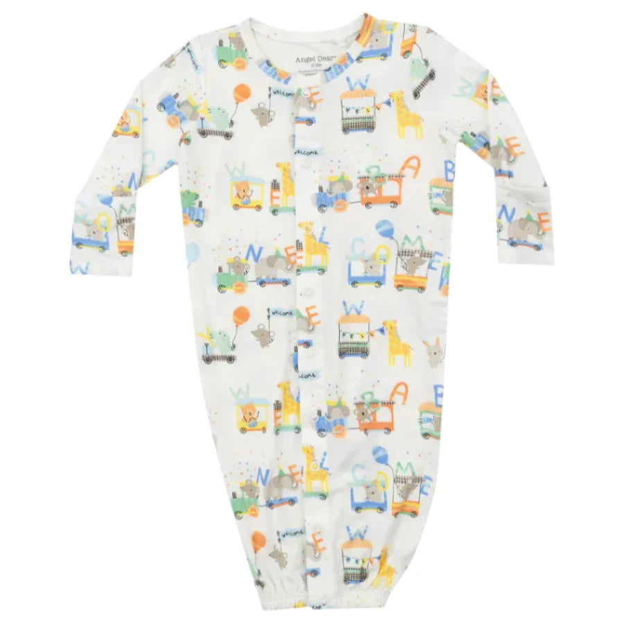 The Animal Train Convertible Gown by Angel Dear is a charming bamboo baby sleeper with vibrant animal and vehicle prints, long sleeves, and easy snap closures. Ideal for your little ones or as a thoughtful gift.