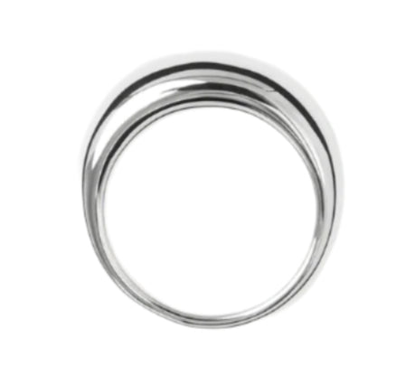 The Anna Ring by Lie Studio is a sterling silver piece featuring an asymmetrical, sculptural dome with a polished finish, ideal for stacking. Shown against a white background.