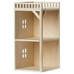 A wooden two-shelf display unit featuring lattice-style top edges and small square cutouts on the back panel, specifically crafted for home or office storage. It's perfect to complement Maileg's Mouse Hole Farmhouse - Annex collection or add a charming touch reminiscent of the Mouse Hole Farmhouse decor from Maileg.