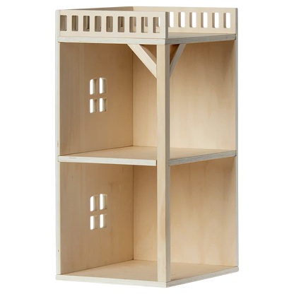 A wooden two-shelf display unit featuring lattice-style top edges and small square cutouts on the back panel, specifically crafted for home or office storage. It's perfect to complement Maileg's Mouse Hole Farmhouse - Annex collection or add a charming touch reminiscent of the Mouse Hole Farmhouse decor from Maileg.