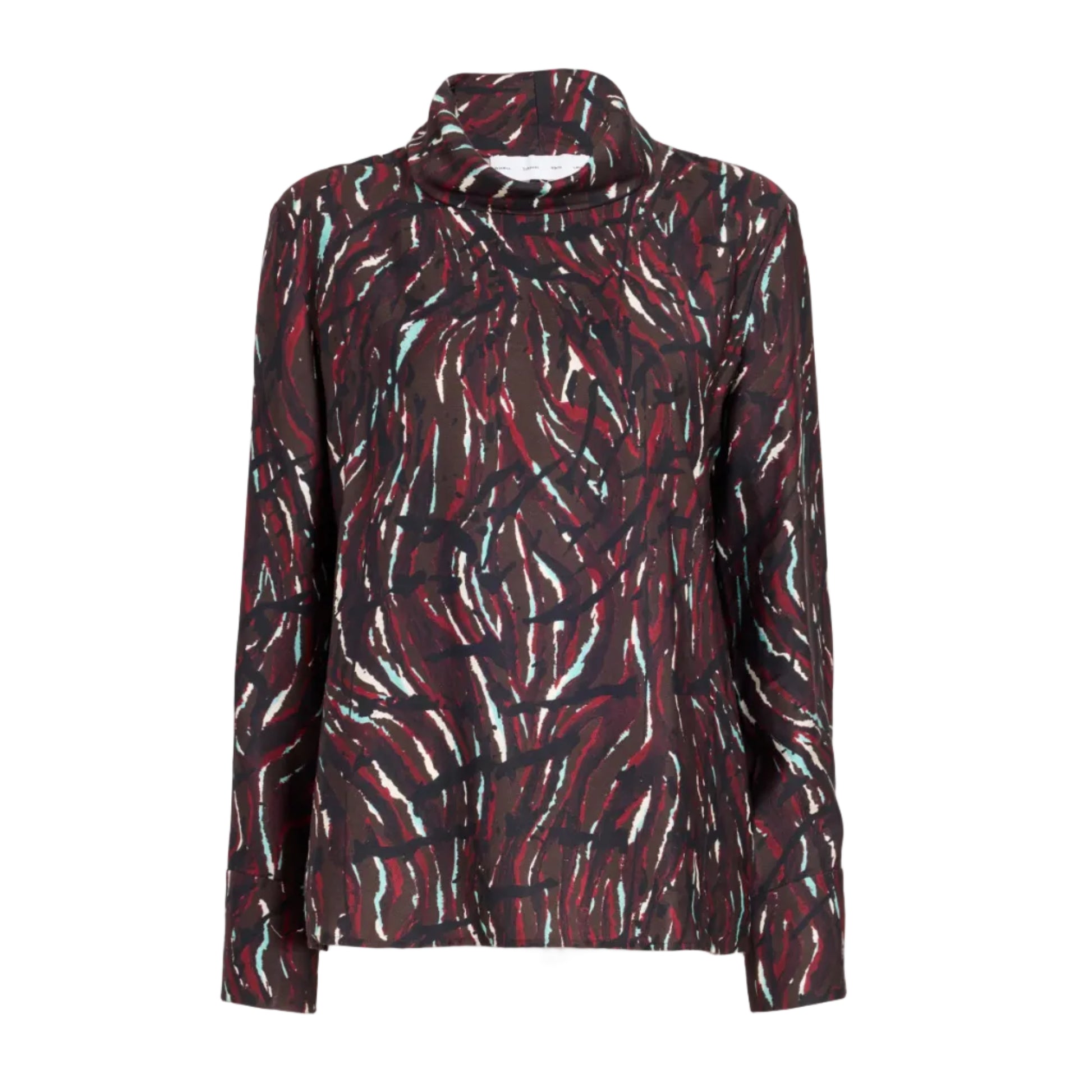 The Ansel Printed Soft Twill Top by Proenza Schouler White Label features a red, black, white, and teal abstract pattern. This long-sleeve top is crafted from soft printed twill and offers a loose fit with a flattering cowl turtleneck for added comfort and style.