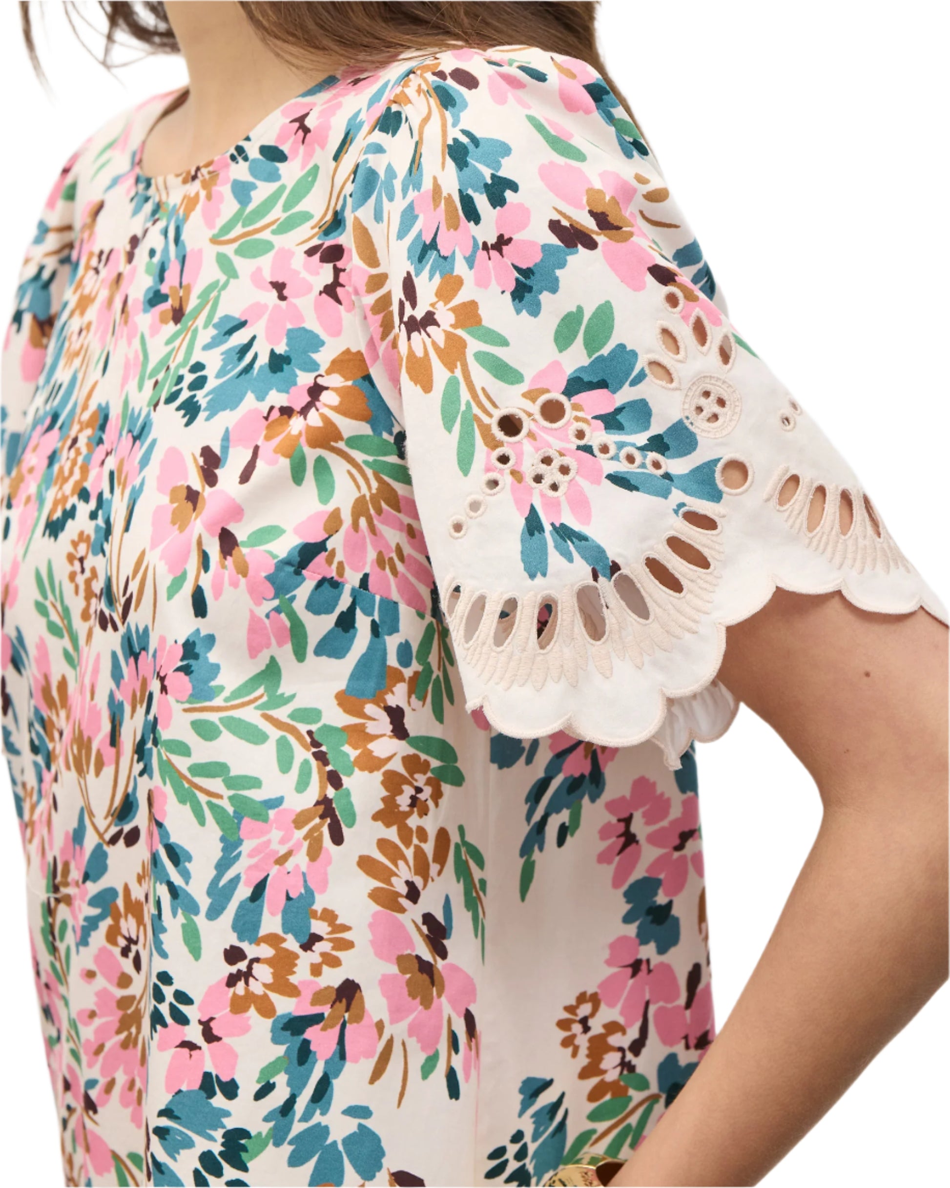 A person wearing the Figue April Dress, a colorful floral piece with flutter sleeves, scallop embroidery, and eyelet lace details.