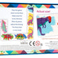 The back of the Eeboo Dinosaur Head to Toe Dominoes box has bright dinosaur art, simple instructions, and an "Actual size!" comparison showing two domino pieces.