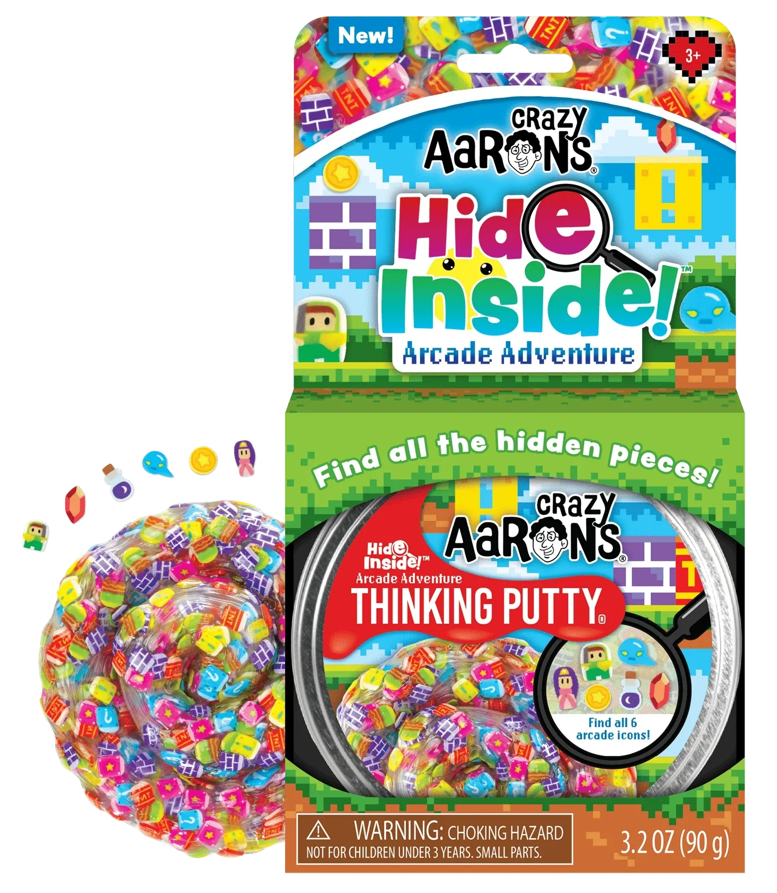 The packaging of Crazy Aaron's Thinking Putty by Crazy Aarons showcases vibrant hidden pieces within the non-toxic silicone. It is ideal for sensory integration play, but comes with a warning about choking hazards for children under three years.